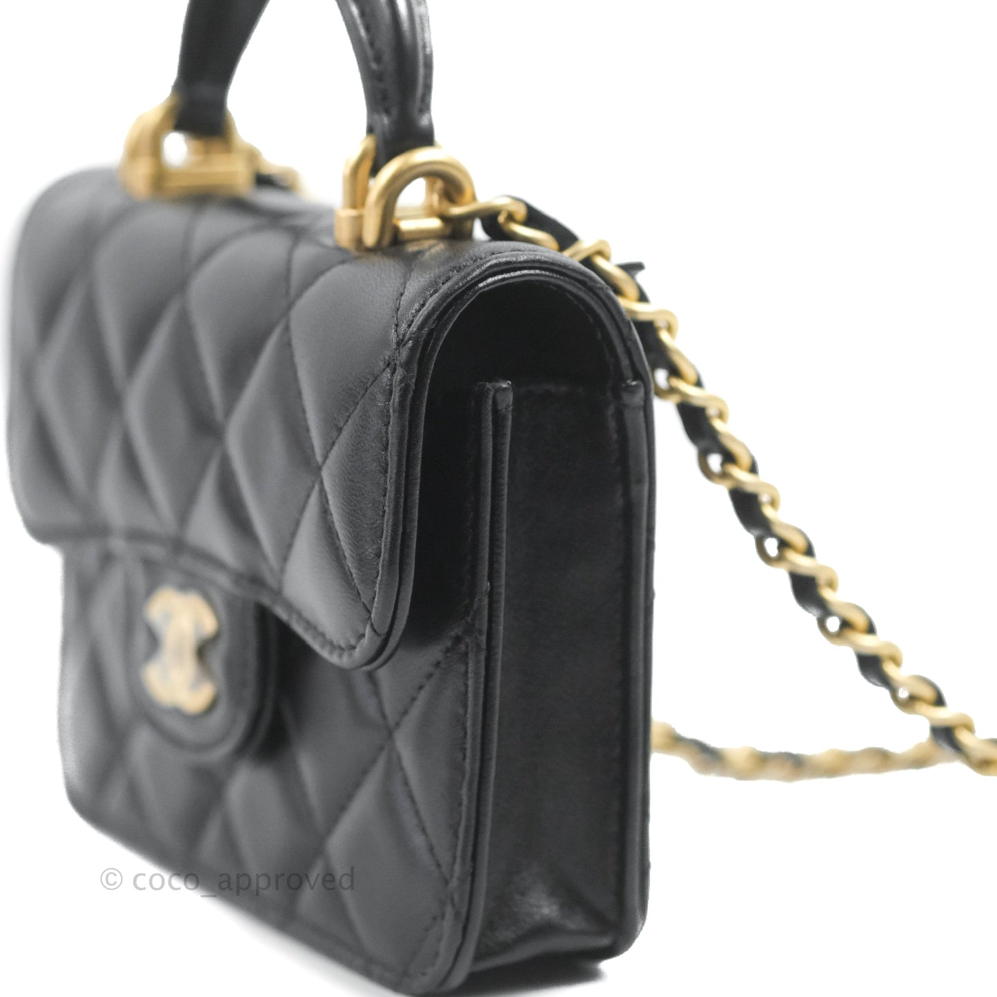 Chanel Mini Handle Flap Coin Purse With Chain Black Lambskin Gold Hardware