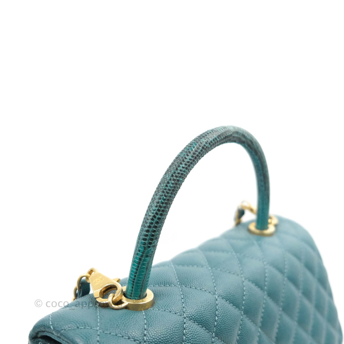 Chanel Medium Coco Handle Quilted Teal Caviar Lizard Handle Aged Gold Hardware
