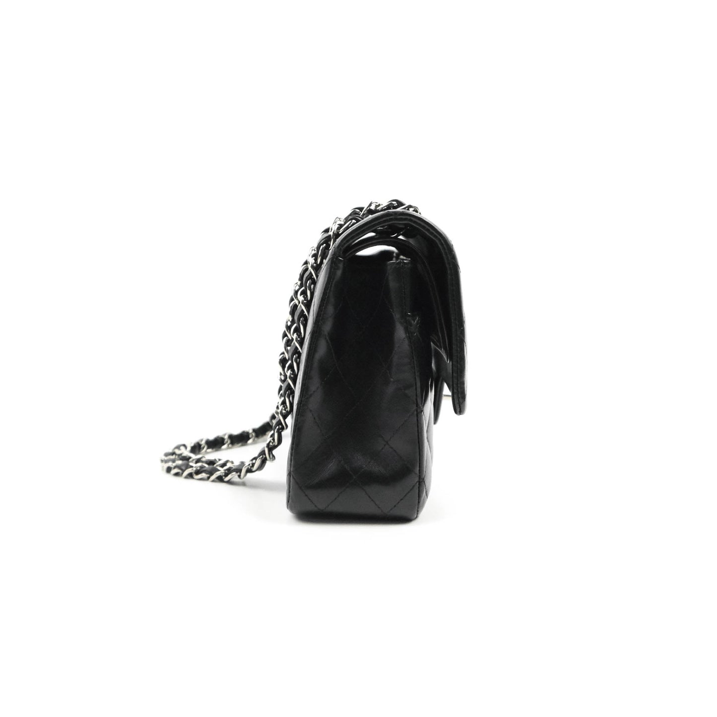 Chanel Classic M/L Medium Flap Quilted Black Lambskin Silver Hardware