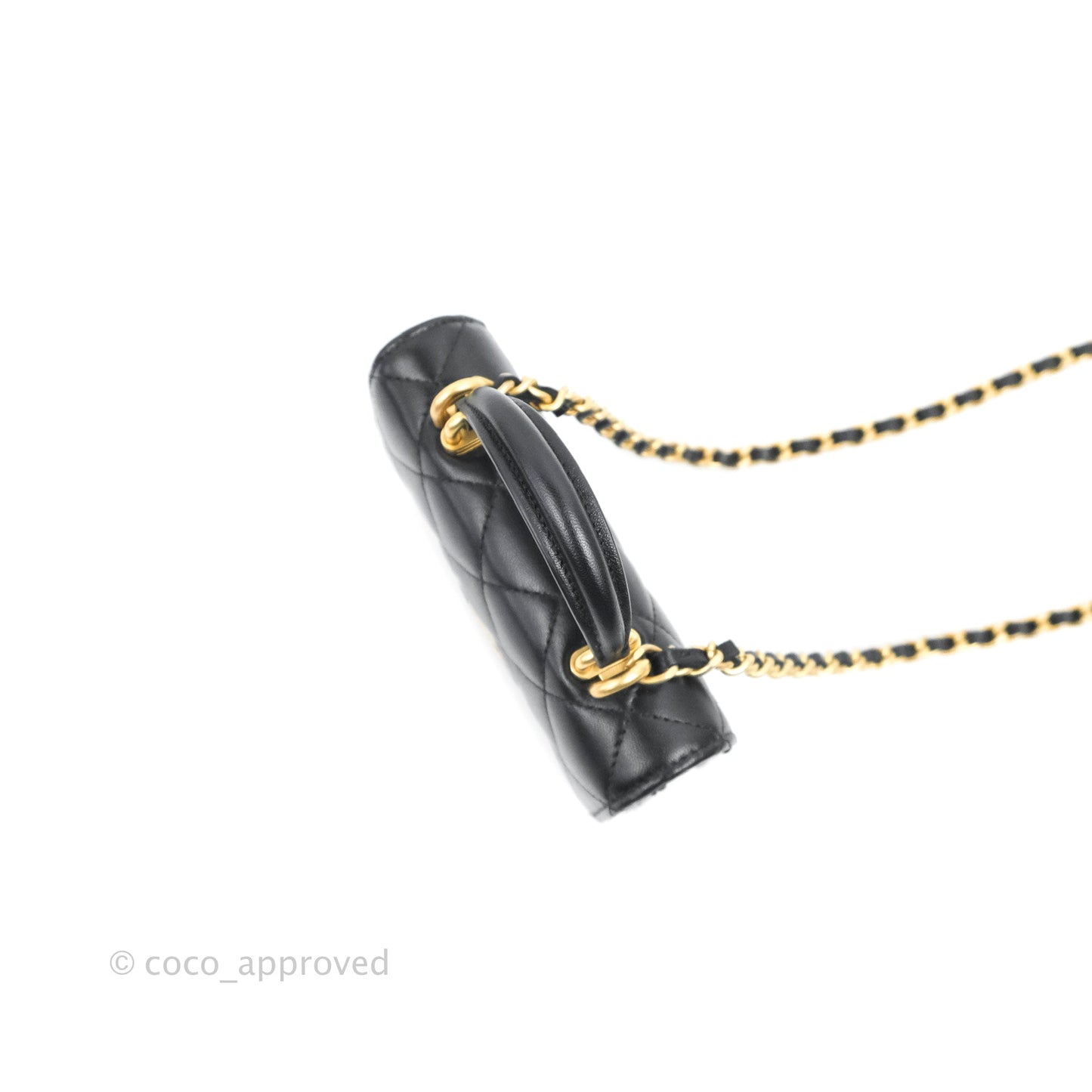 Chanel Mini Handle Flap Coin Purse With Chain Black Lambskin Gold Hardware