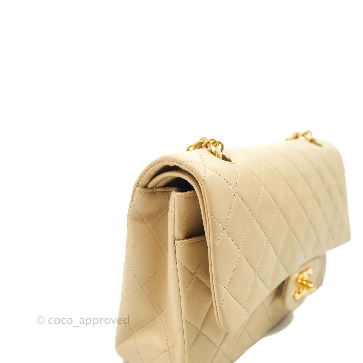 Chanel Vintage Classic M/L Medium Double Flap Bag Beige Lambskin 24K Gold Hardware