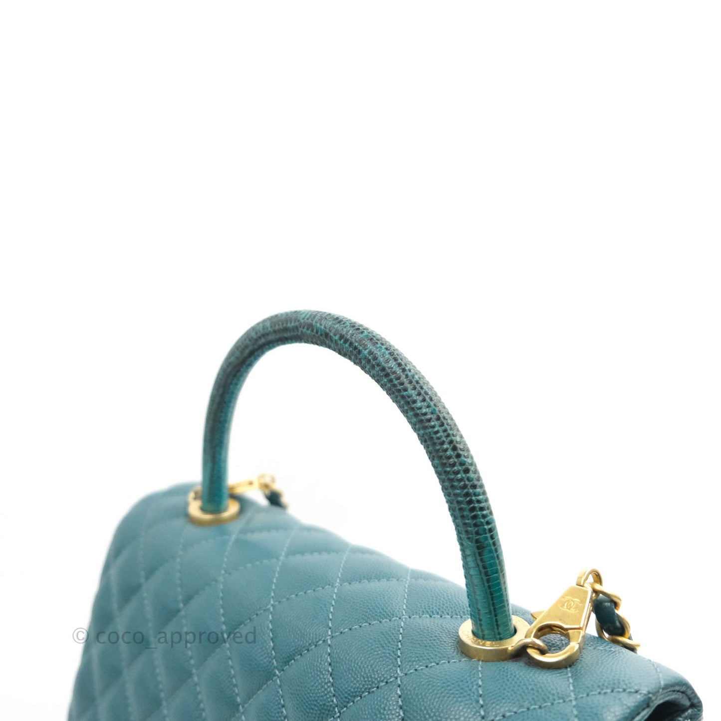 Chanel Medium Coco Handle Quilted Teal Caviar Lizard Handle Aged Gold Hardware