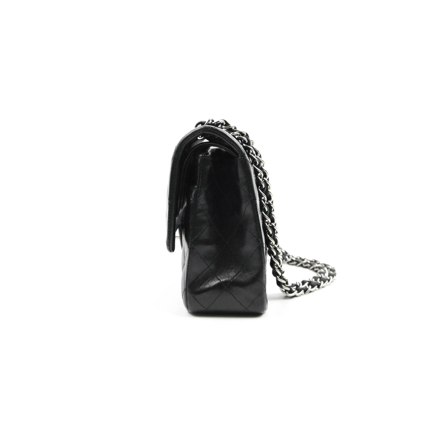 Chanel Classic M/L Medium Flap Quilted Black Lambskin Silver Hardware