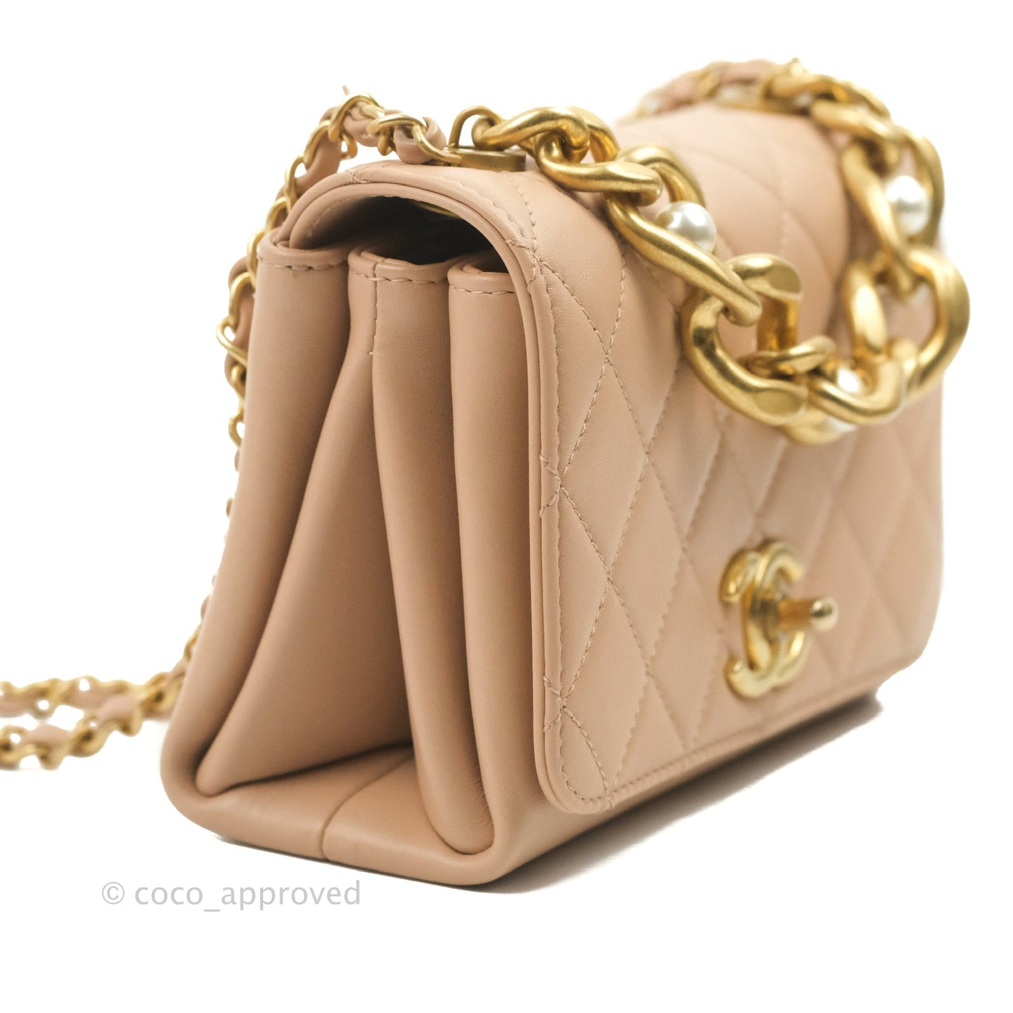 Chanel Pearl Chain Bag Pink Calfskin Aged Gold Hardware