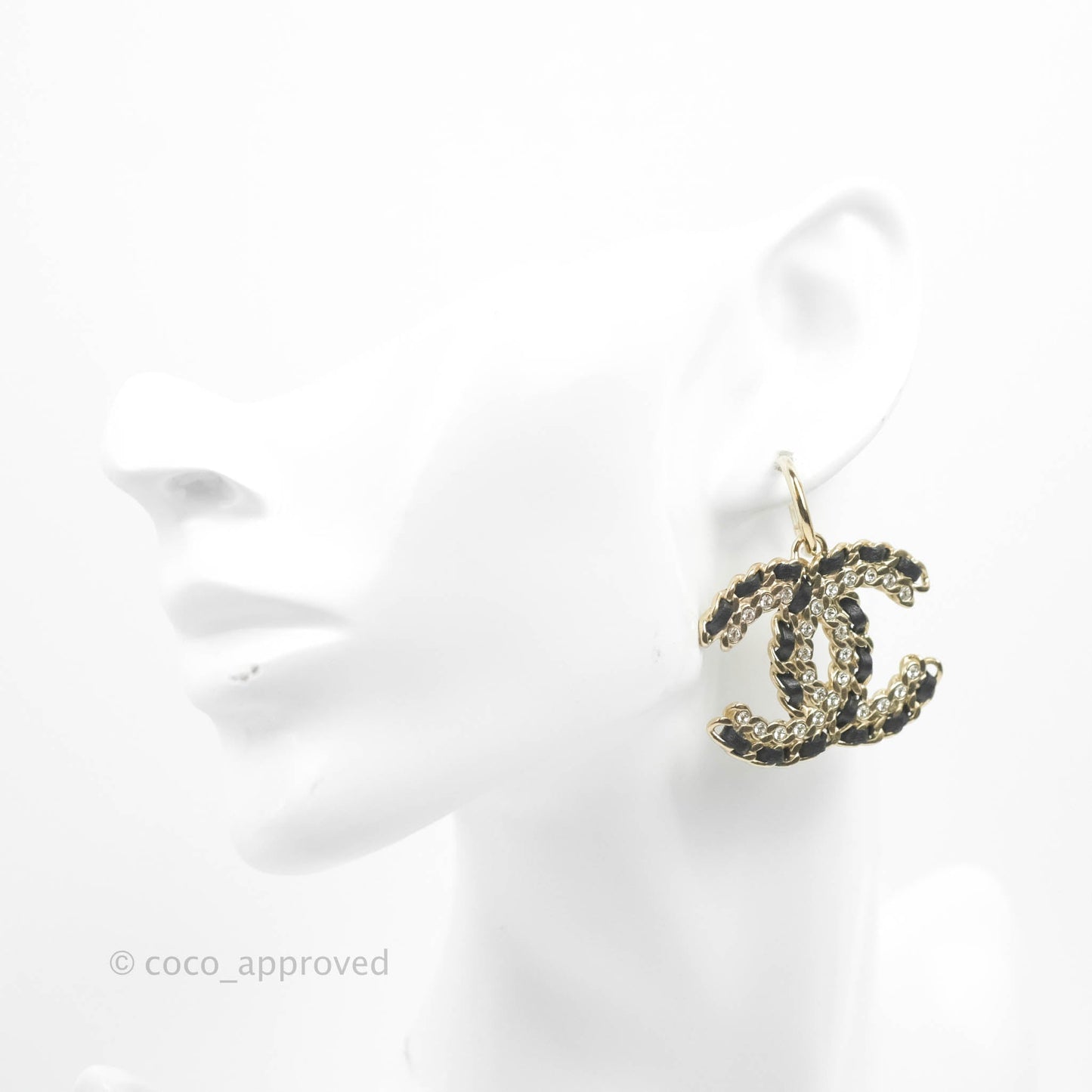 Chanel Crystal CC Braided Black Leather Drop Earrings Gold Hardware 20C