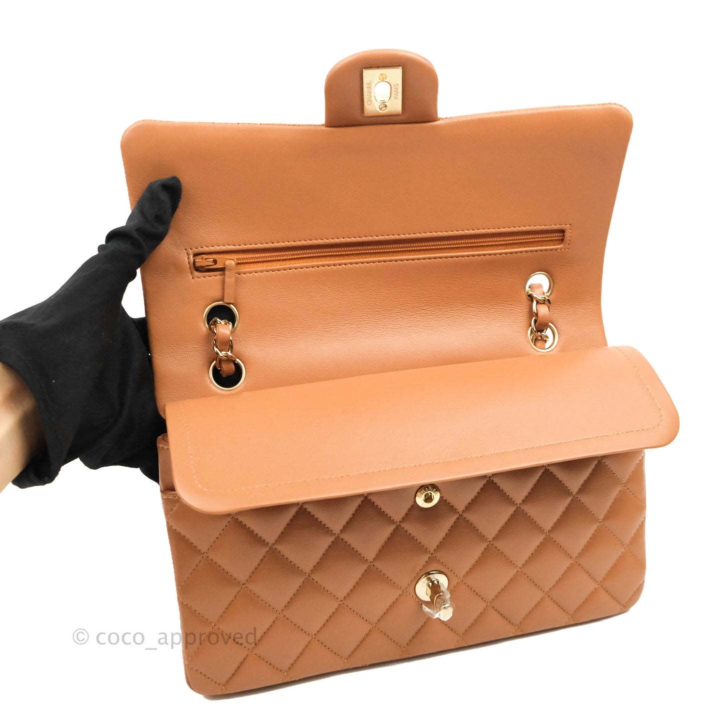 Chanel Classic M/L Medium Flap Quilted Dark Beige Caramel Lambskin Gold Hardware