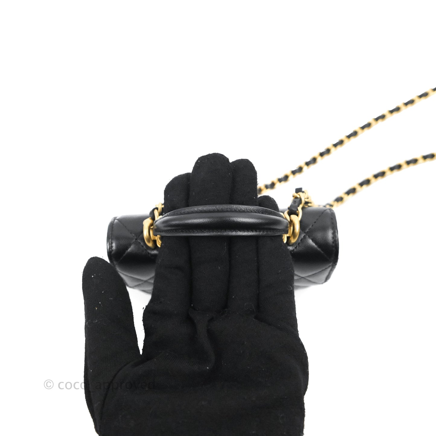 Chanel Mini Handle Flap Coin Purse With Chain Black Lambskin Gold Hardware
