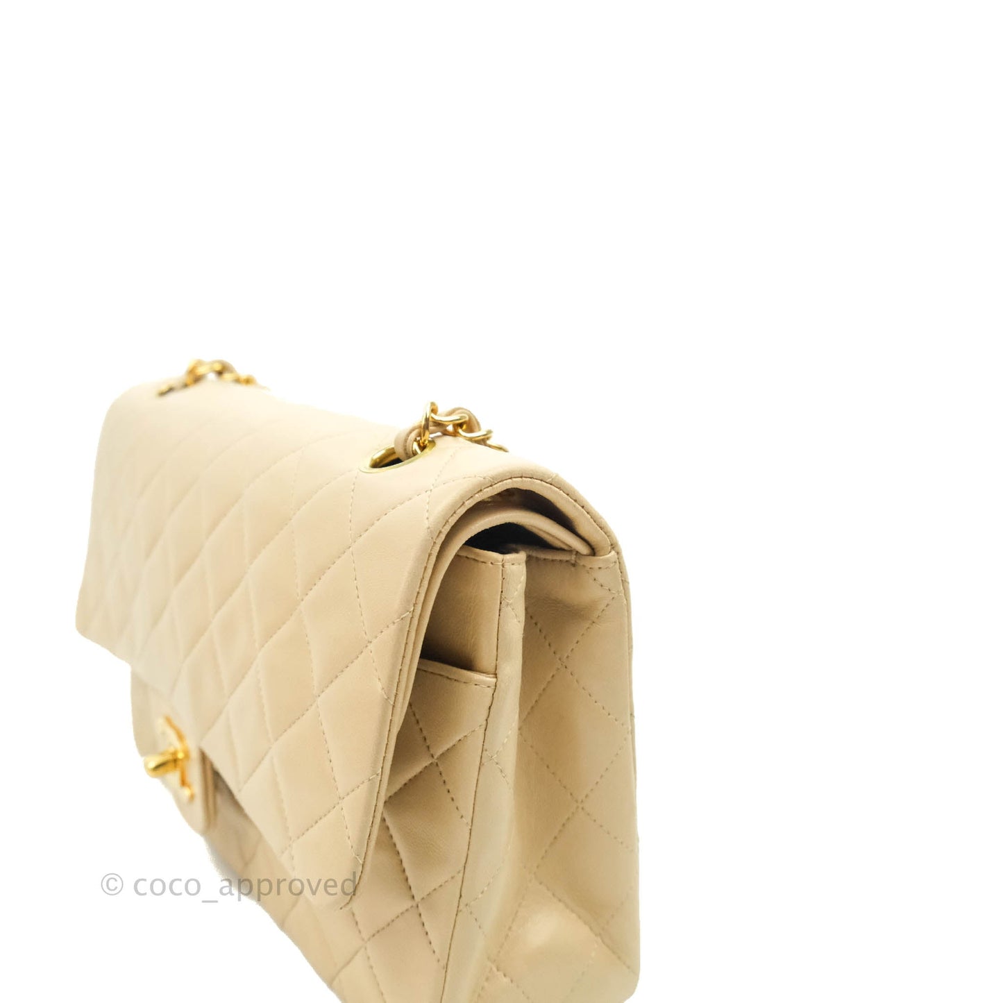 Chanel Vintage Classic M/L Medium Double Flap Bag Beige Lambskin 24K Gold Hardware