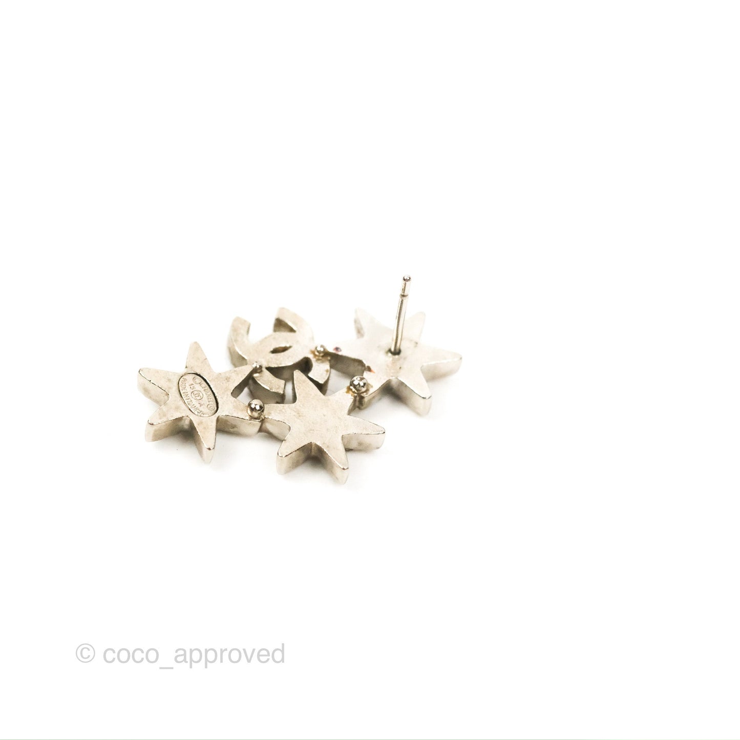 Chanel CC Star Crystal Earrings Silver Tone 15A