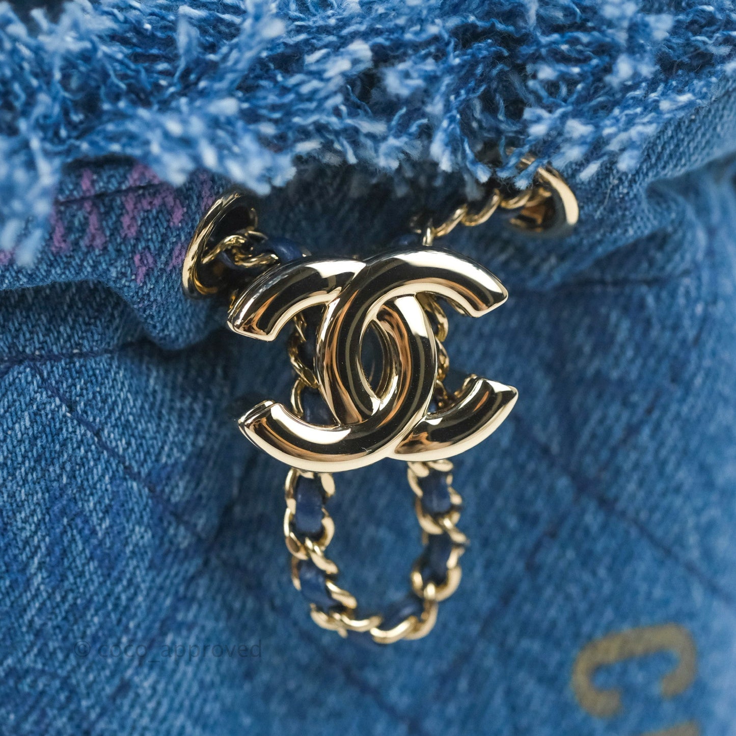 Chanel Mood Denim Mini Bucket Bag with Chain Blue Gold Hardware