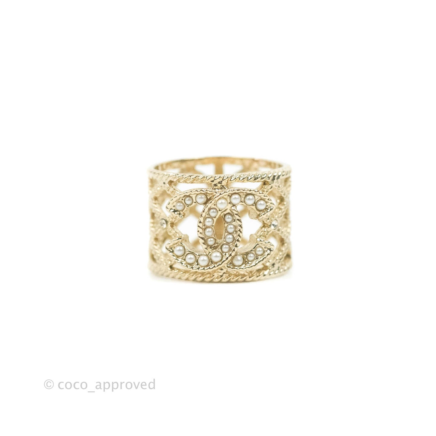 Chanel CC Pearl Ring Gold Tone 19C