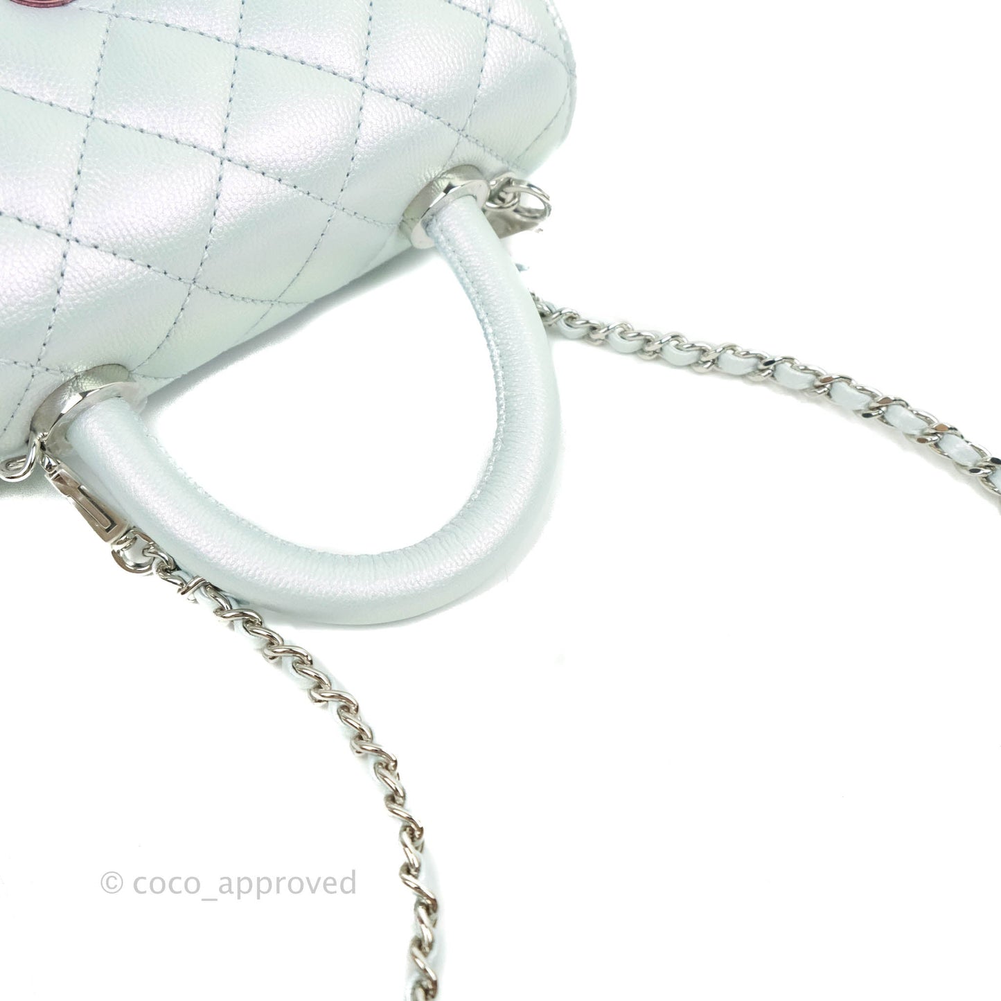 Chanel Mini Coco Handle Quilted Iridescent Light Blue Caviar Rainbow Hardware