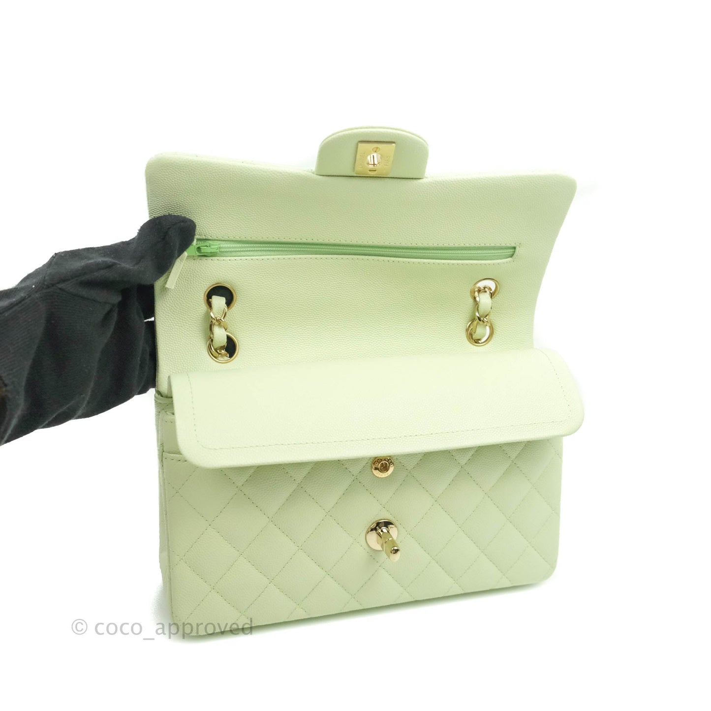 Chanel Small Classic Quilted Flap Pastel Green Caviar Gold Hardware