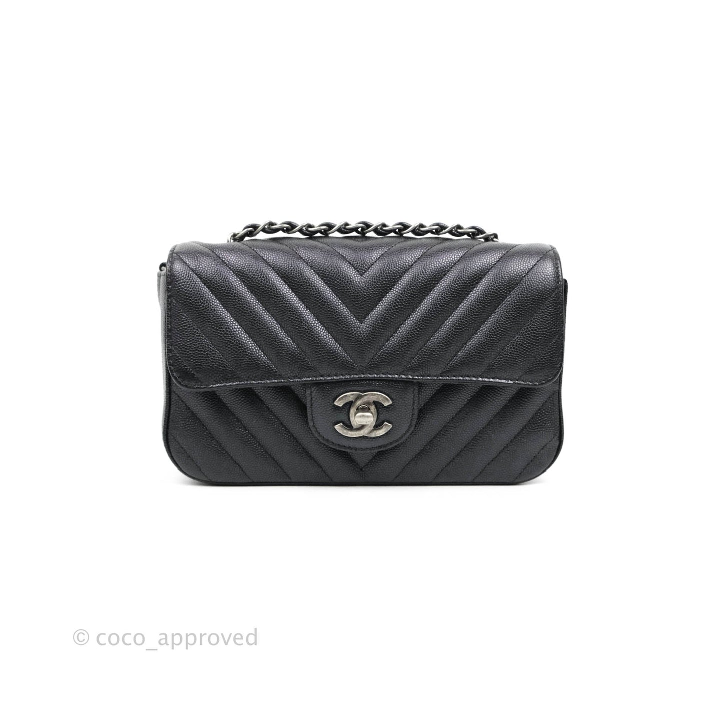 Chanel Chevron Mini Rectangular Flap Iridescent Black Caviar Ruthenium Hardware 17B