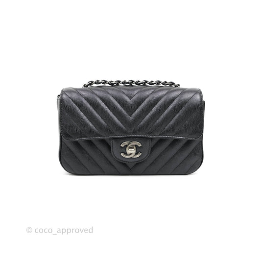 Chanel Chevron Mini Rectangular Flap Iridescent Black Caviar Ruthenium Hardware 17B