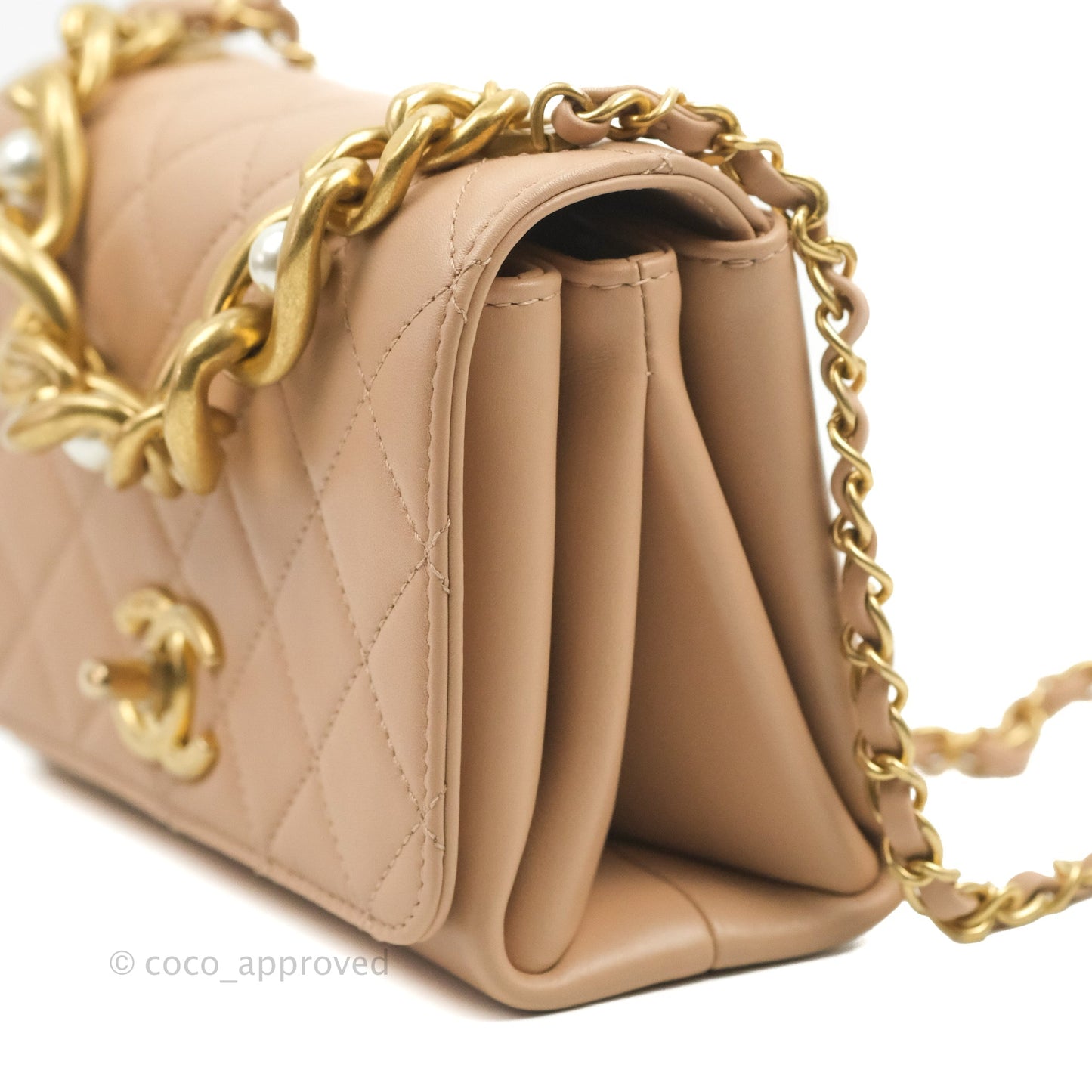 Chanel Pearl Chain Bag Pink Calfskin Aged Gold Hardware