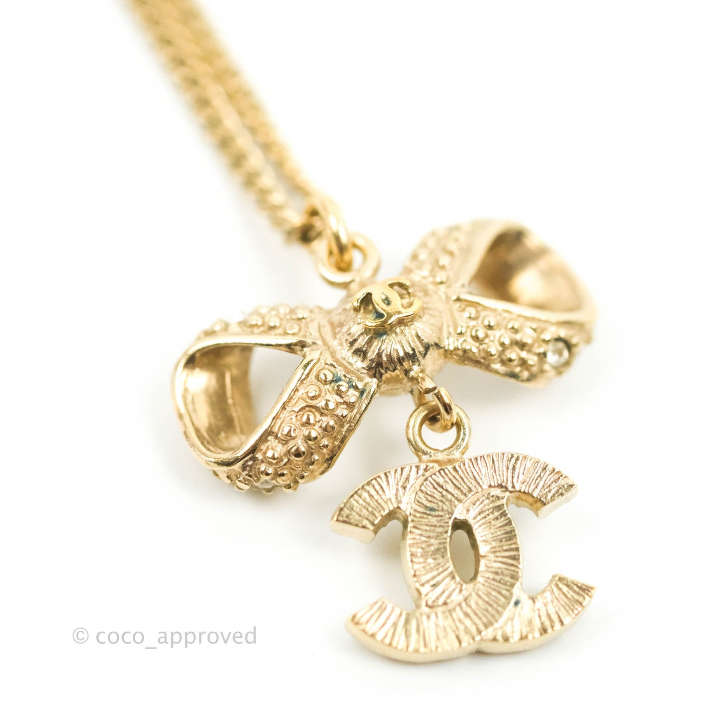 Chanel Ribbon Bow CC Crystal Drop Pendant Necklace Gold Tone 14K