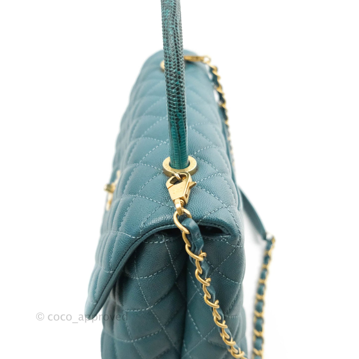 Chanel Medium Coco Handle Quilted Teal Caviar Lizard Handle Aged Gold Hardware