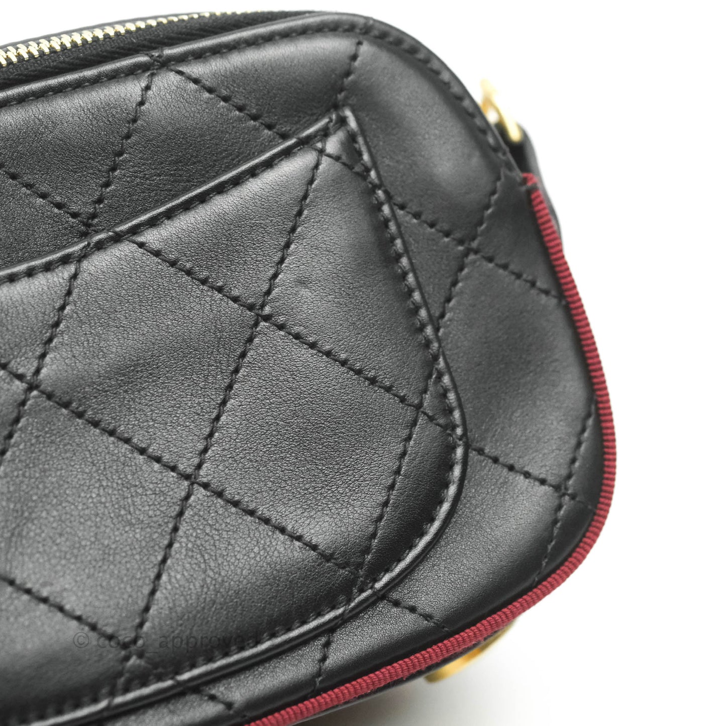 Chanel Small Button Up Camera Case Bag Black Calfskin Grosgrain Aged Gold Hardware