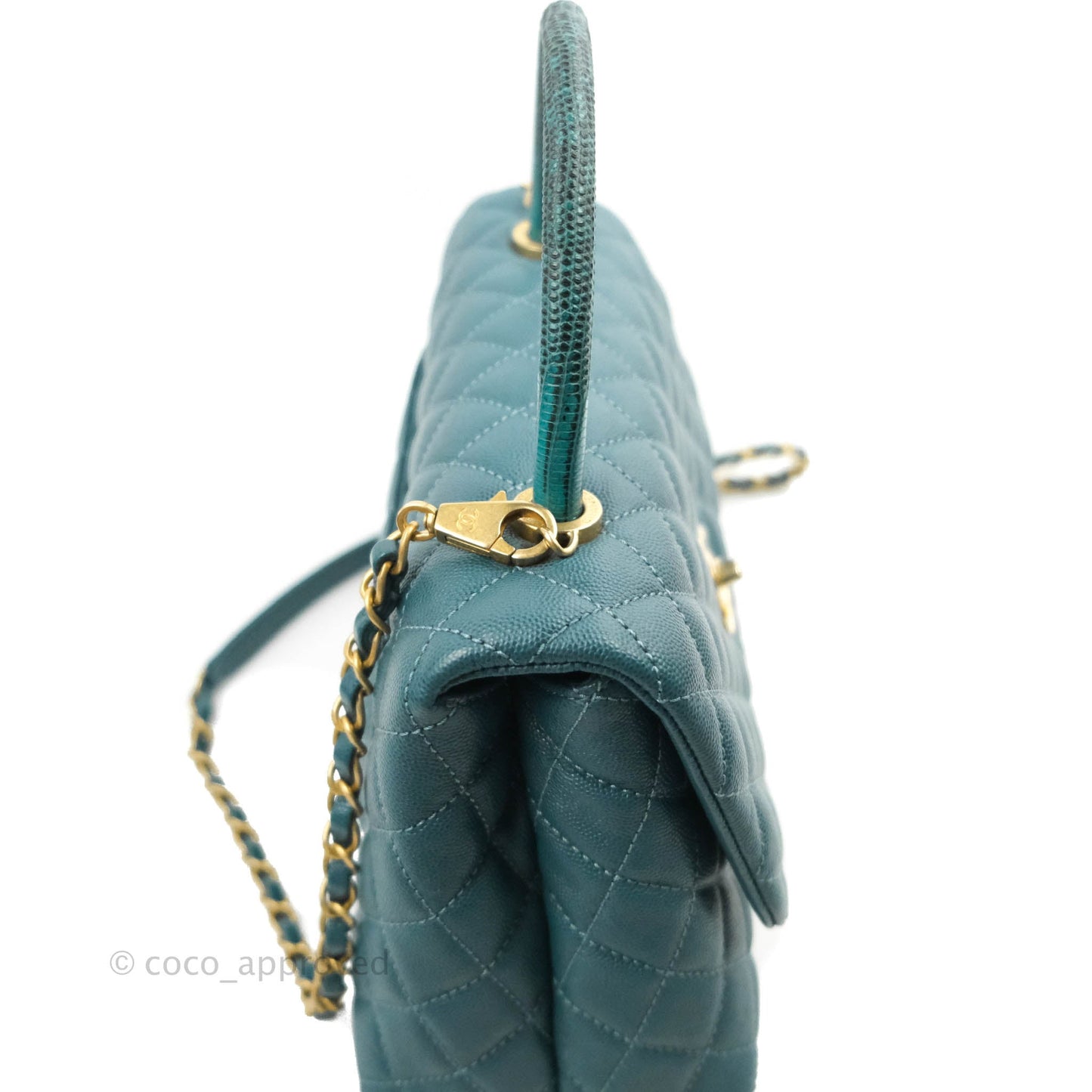 Chanel Medium Coco Handle Quilted Teal Caviar Lizard Handle Aged Gold Hardware