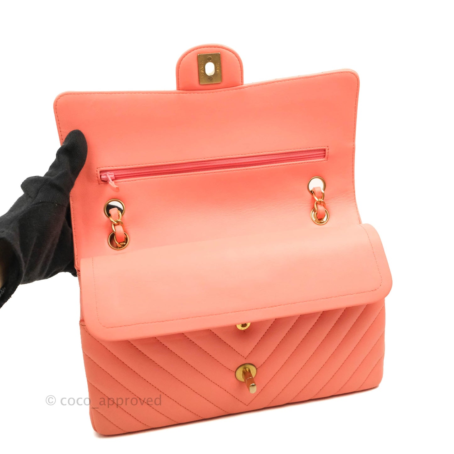 Chanel Classic M/L Medium Chevron Double Flap Coral Pink Lambskin Aged Gold Hardware
