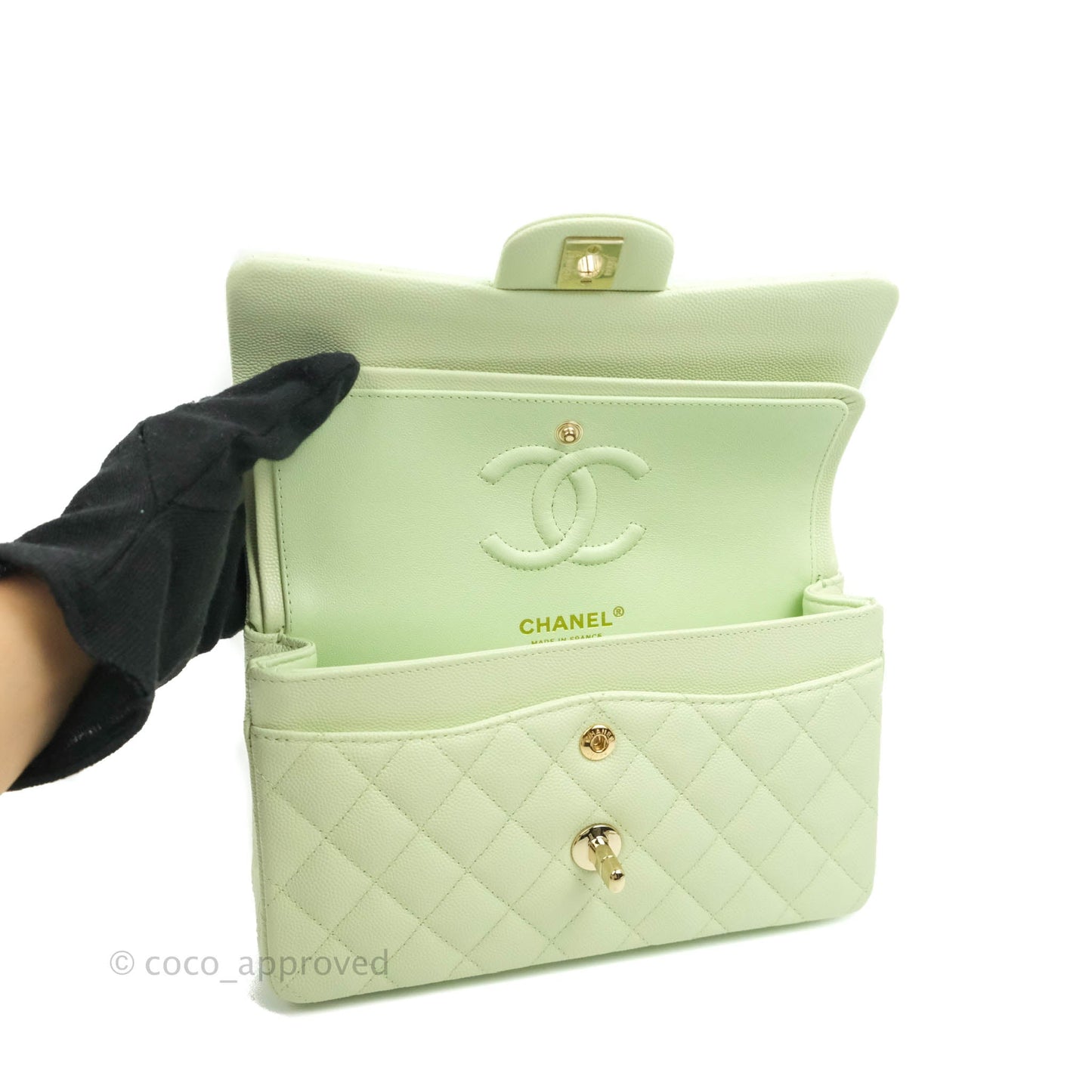 Chanel Small Classic Quilted Flap Pastel Green Caviar Gold Hardware