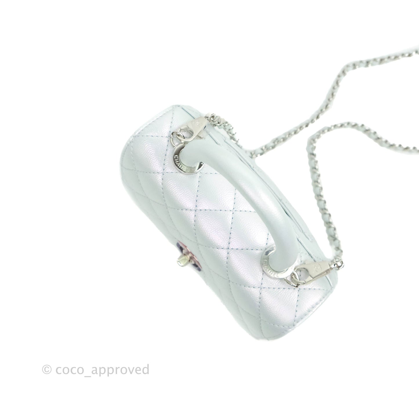 Chanel Mini Coco Handle Quilted Iridescent Light Blue Caviar Rainbow Hardware