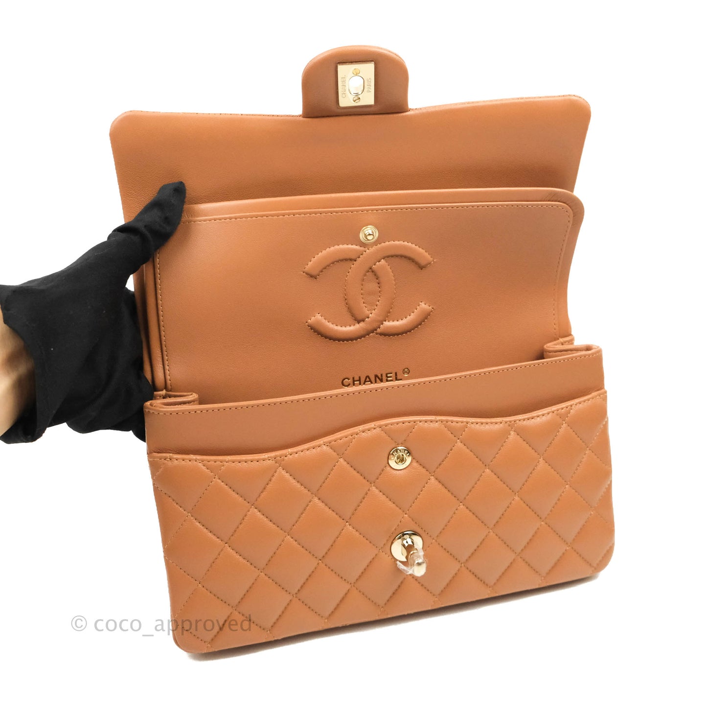 Chanel Classic M/L Medium Flap Quilted Dark Beige Caramel Lambskin Gold Hardware