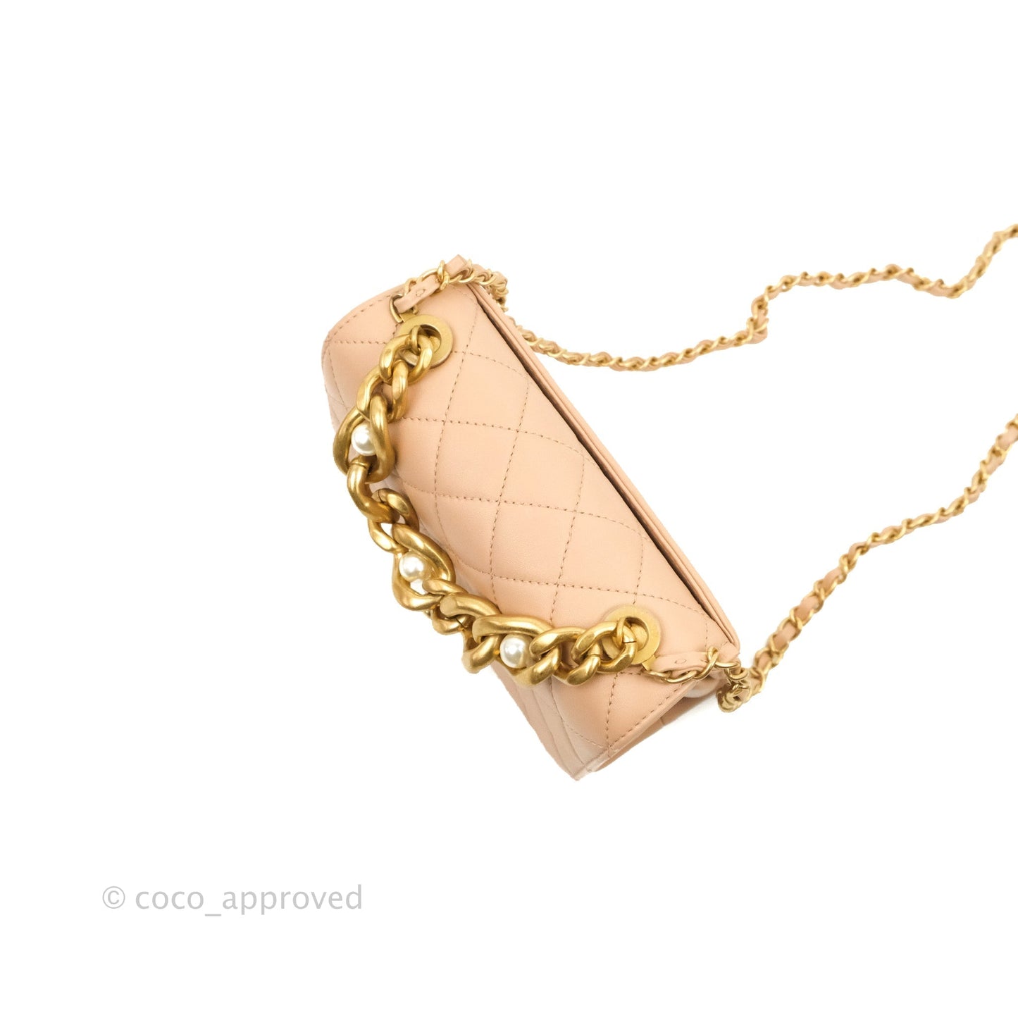 Chanel Pearl Chain Bag Pink Calfskin Aged Gold Hardware