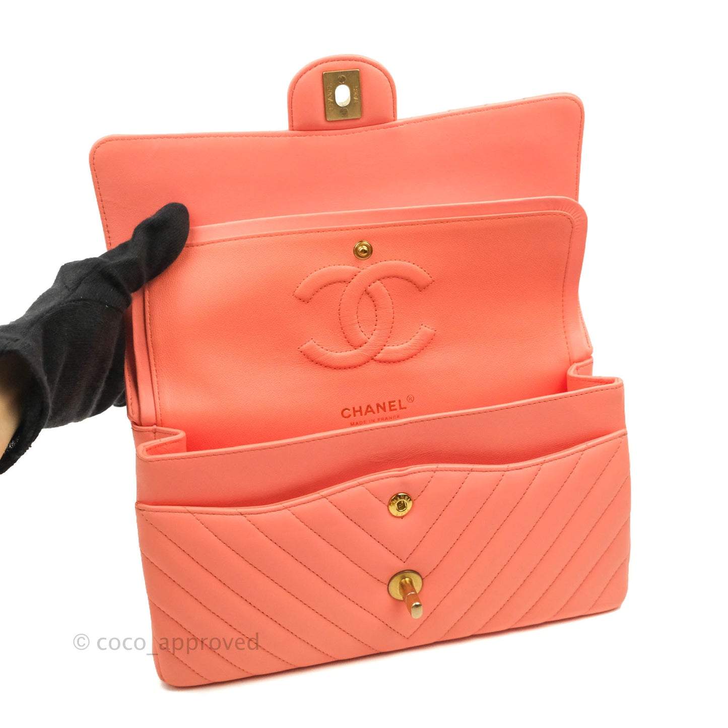 Chanel Classic M/L Medium Chevron Double Flap Coral Pink Lambskin Aged Gold Hardware