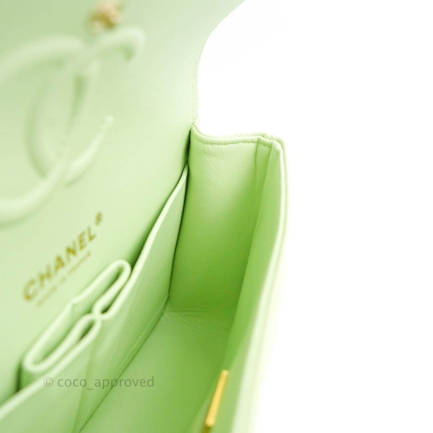 Chanel Small Classic Quilted Flap Pastel Green Caviar Gold Hardware