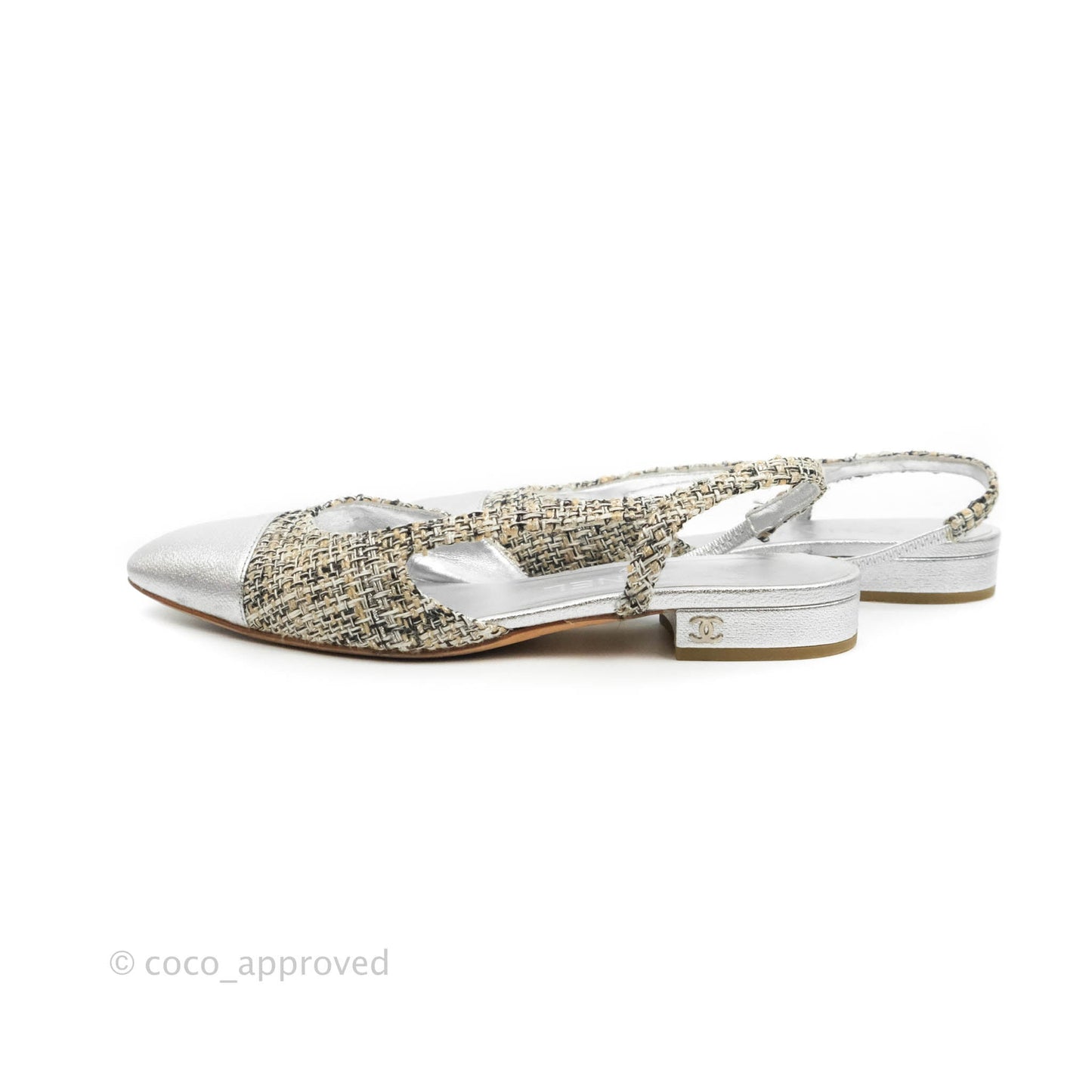 Chanel Classic Slingback Tweed and Silver Calfskin Size 36C