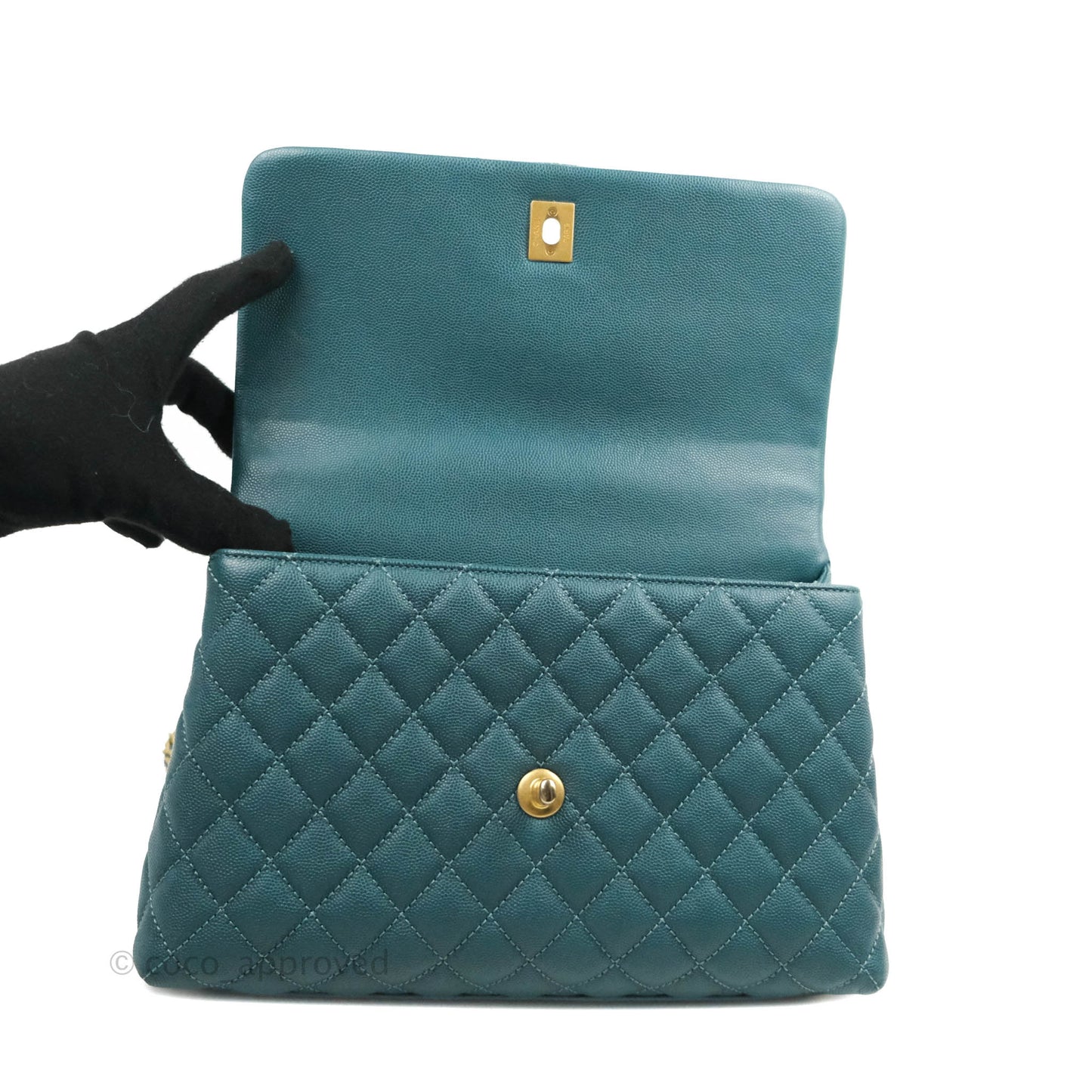 Chanel Medium Coco Handle Quilted Teal Caviar Lizard Handle Aged Gold Hardware