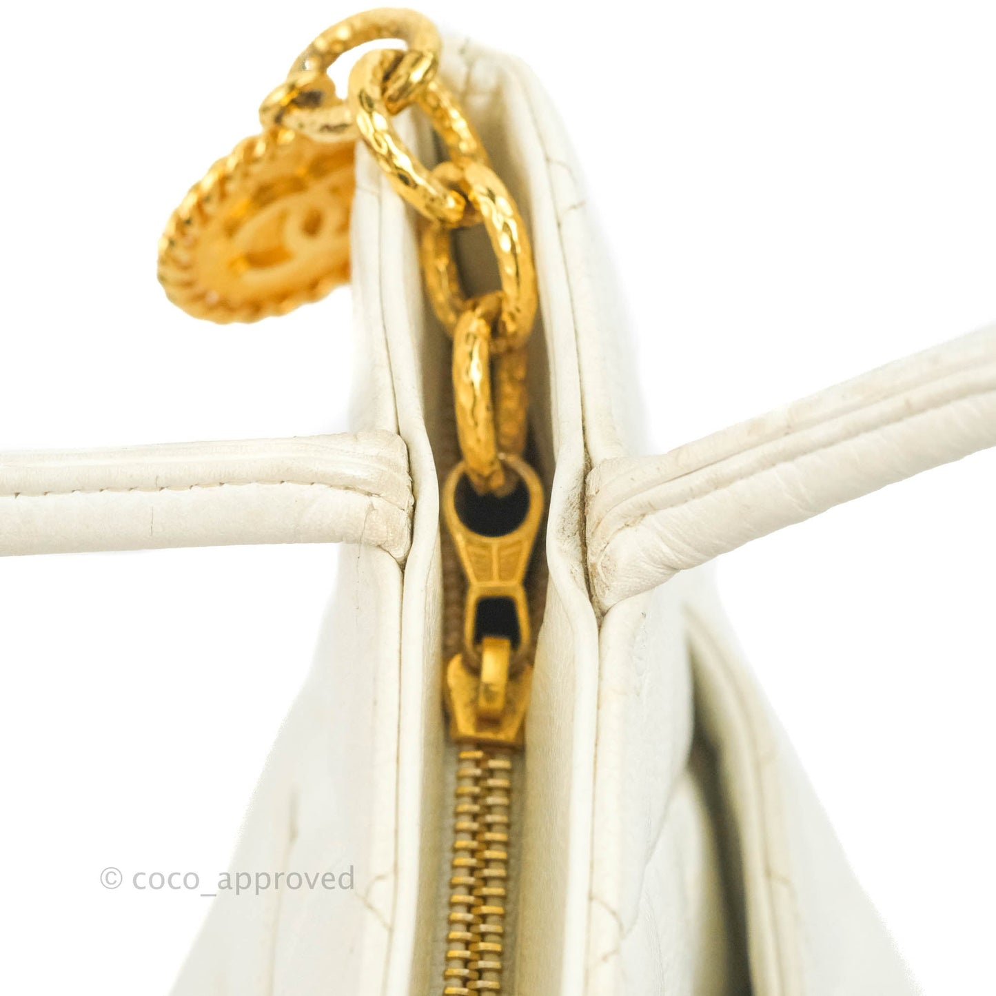 Chanel Vintage Medallion CC White Caviar Tote Bag Gold Hardware