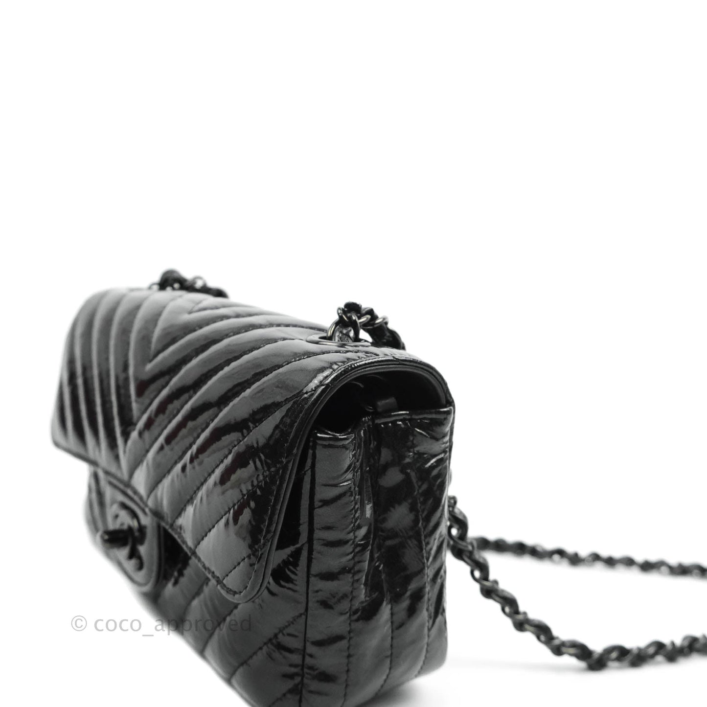 Chanel Chevron Mini Rectangular Flap Black Crumpled Patent So Black Hardware