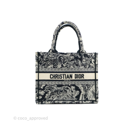 Christian Dior New Small Embroidered Toile De Jouy Navy Canvas Book Tote