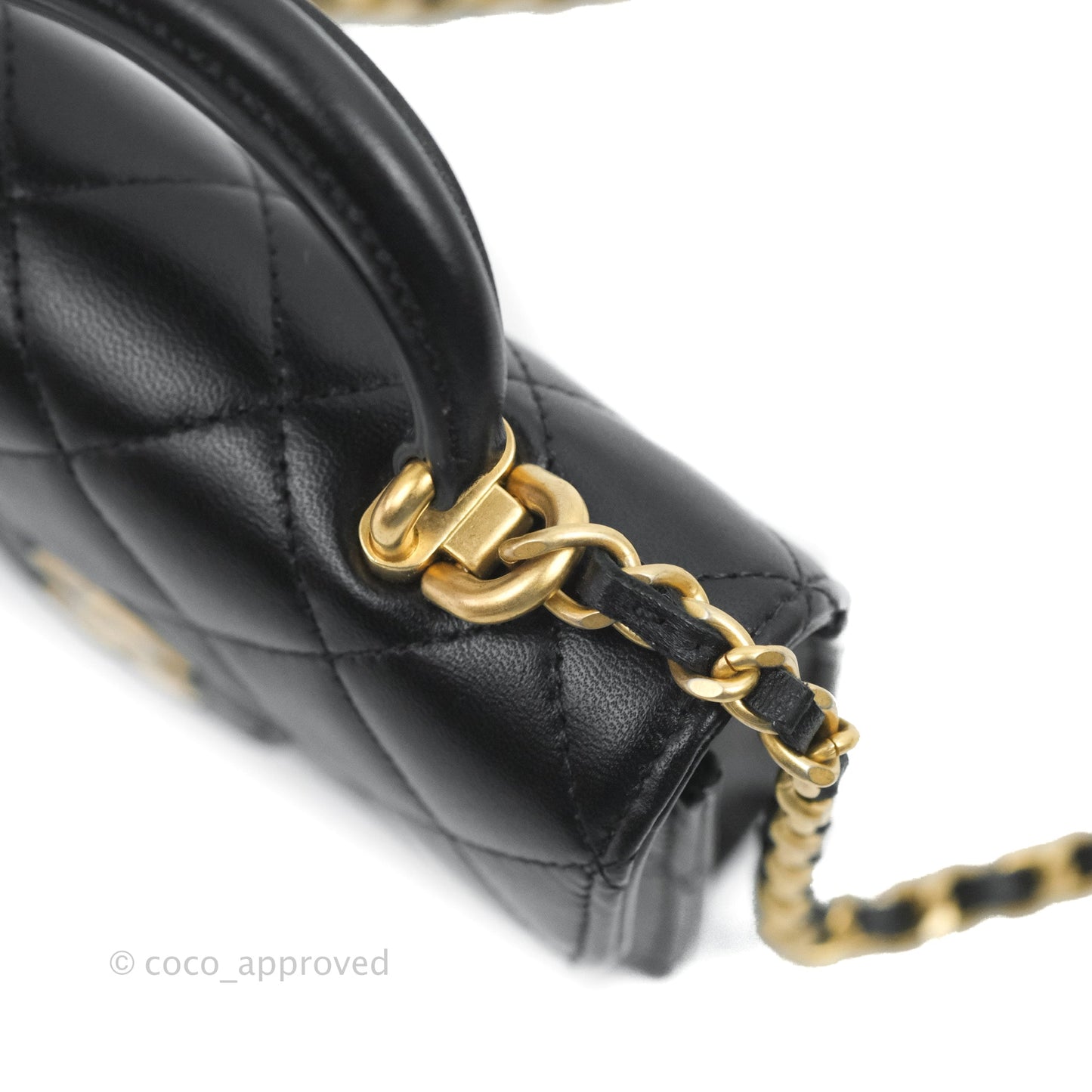Chanel Mini Handle Flap Coin Purse With Chain Black Lambskin Gold Hardware