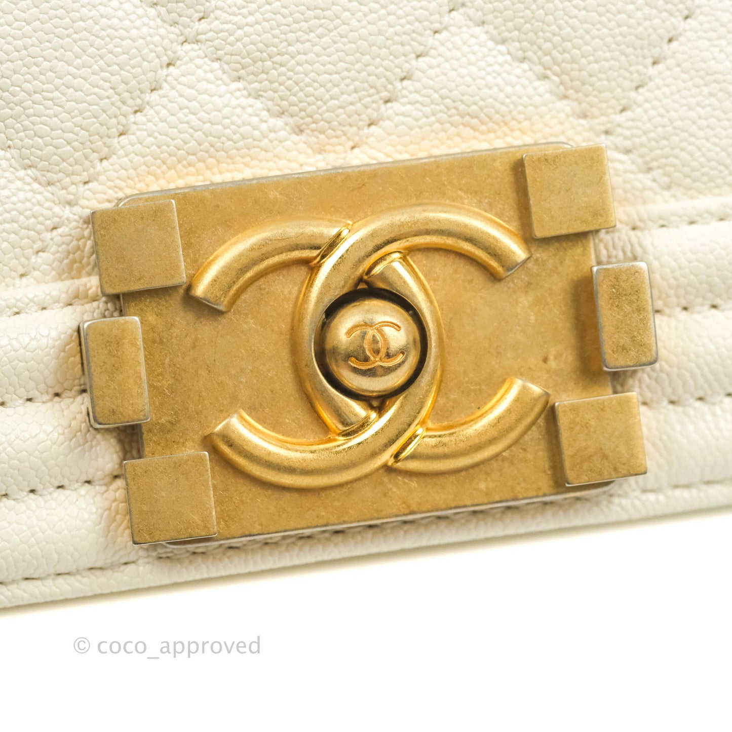 Chanel Boy Small Quilted White Caviar Aged Gold Hardware