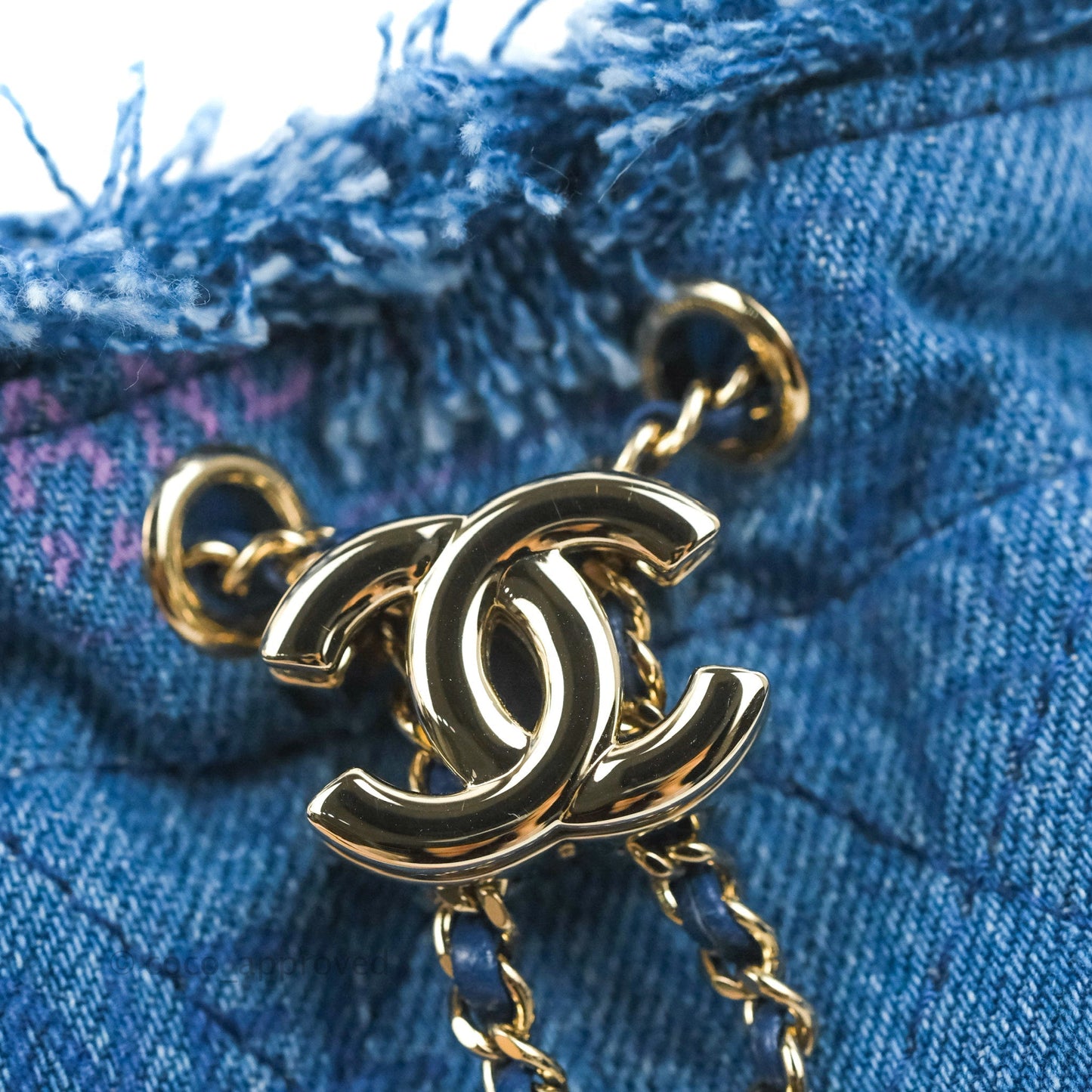 Chanel Mood Denim Mini Bucket Bag with Chain Blue Gold Hardware