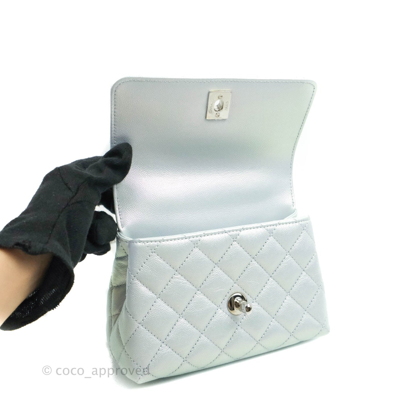 Chanel Mini Coco Handle Quilted Iridescent Light Blue Caviar Rainbow Hardware