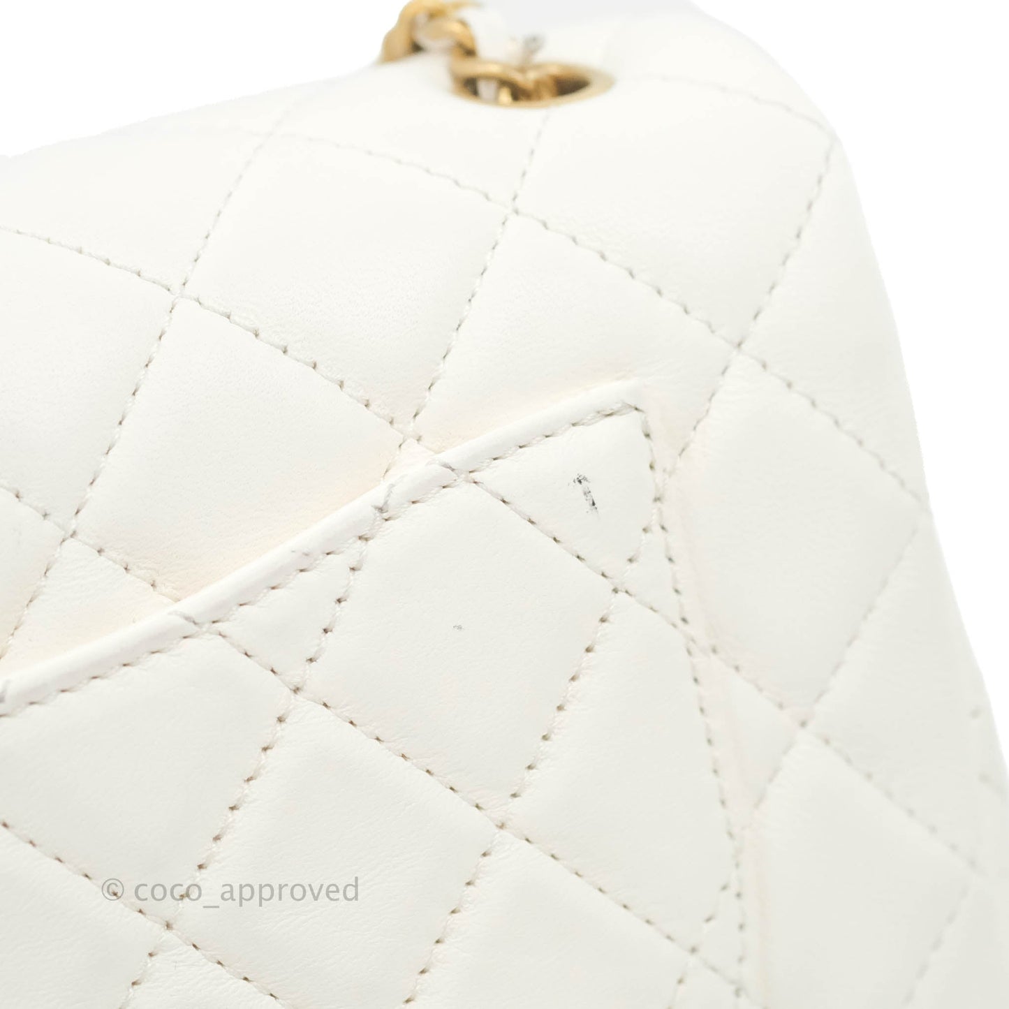 Chanel Mini Rectangular Pearl Crush Quilted White Lambskin Aged Gold Hardware