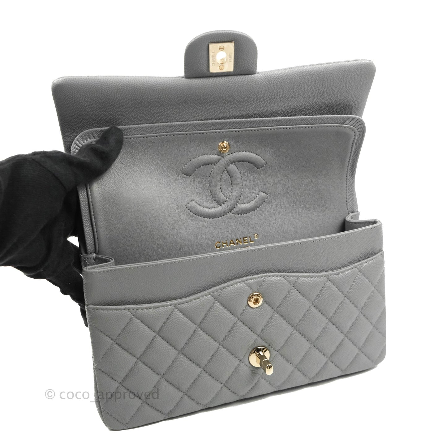Chanel Classic M/L Medium Flap Quilted Grey Caviar Gold Hardware 20C
