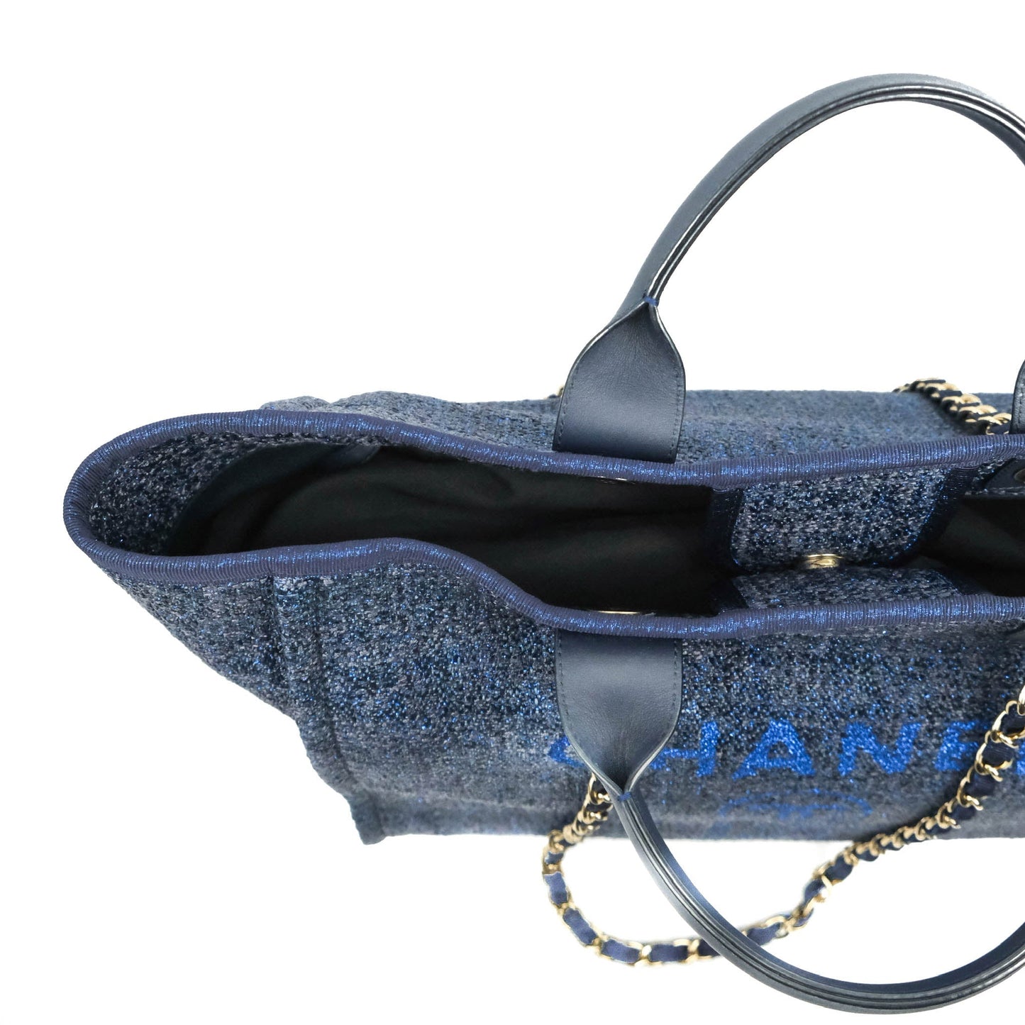Chanel Large Deauville Navy Blue Glitter Canvas Gold Hardware