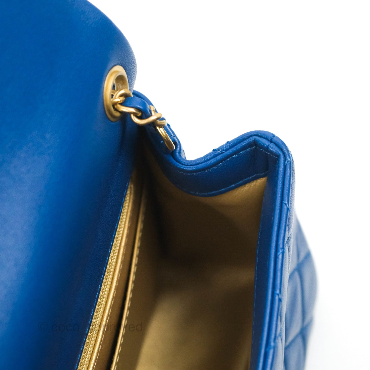 Chanel Mini Square Pearl Crush Quilted Blue Lambskin Aged Gold Hardware