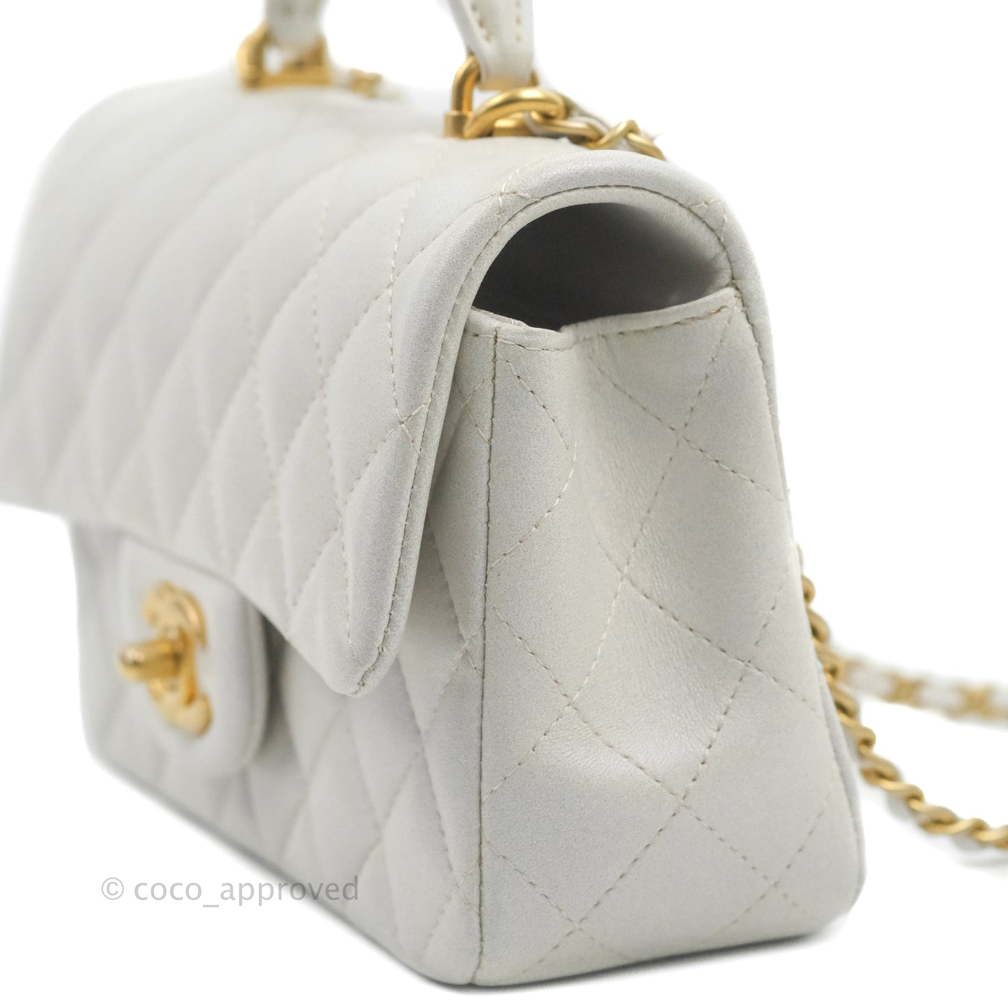 Chanel Top Handle Mini Rectangular Flap Bag Iridescent White Lambskin Aged Gold Hardware