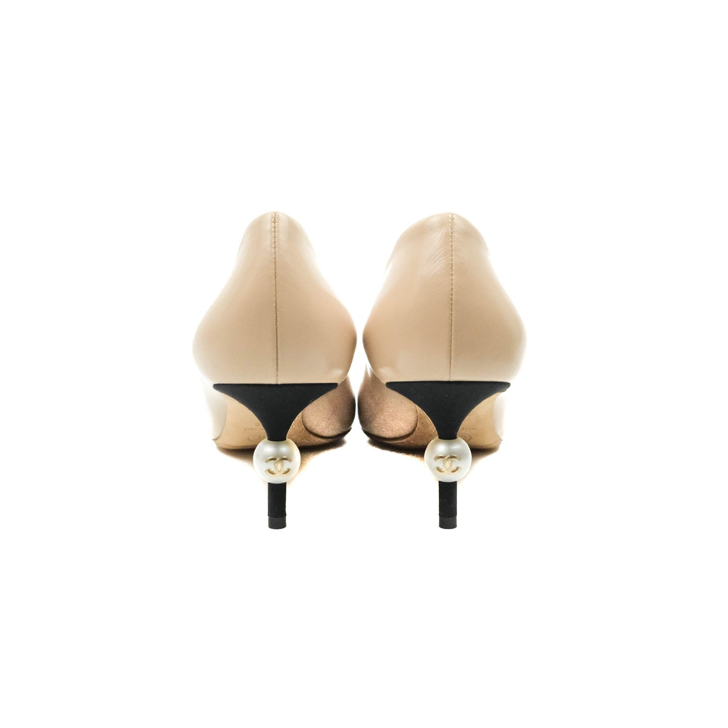 Chanel Beige Toe Pointed Black Pump Heels With CC Pearl Size 41