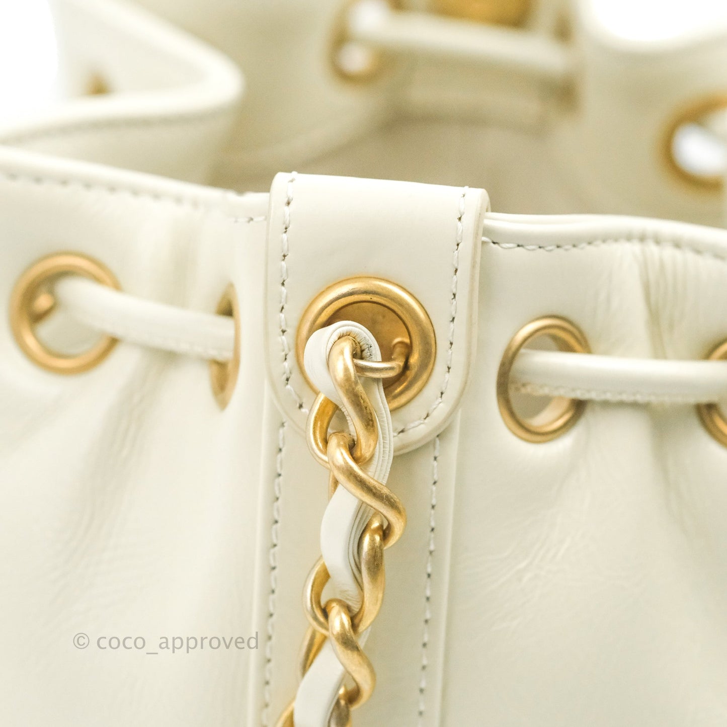 Chanel CC Small Drawstring Bucket Bag White Calfskin Aged Gold Hardware