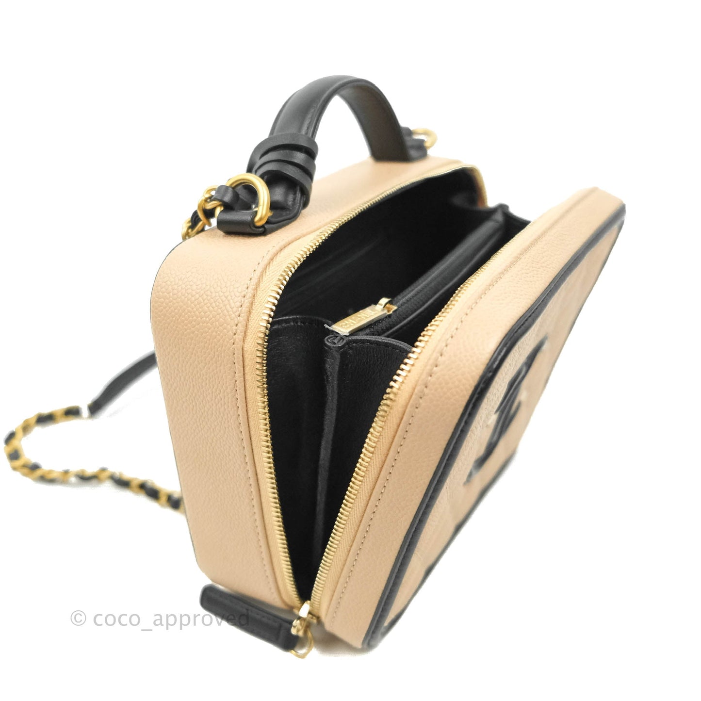 Chanel Quilted Medium CC Filigree Vanity Case Beige Caviar Gold Hardware