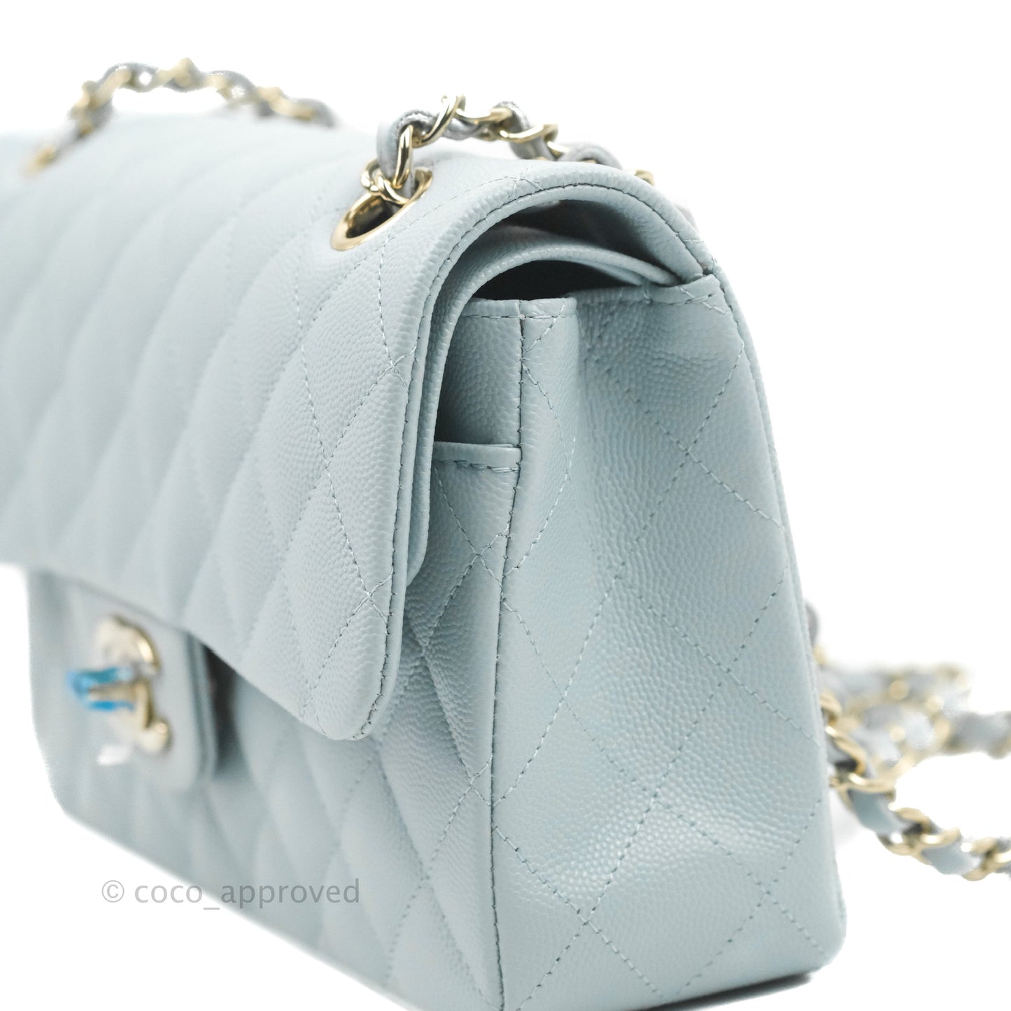 Chanel Small Classic Quilted Flap Light Blue Caviar Gold Hardware