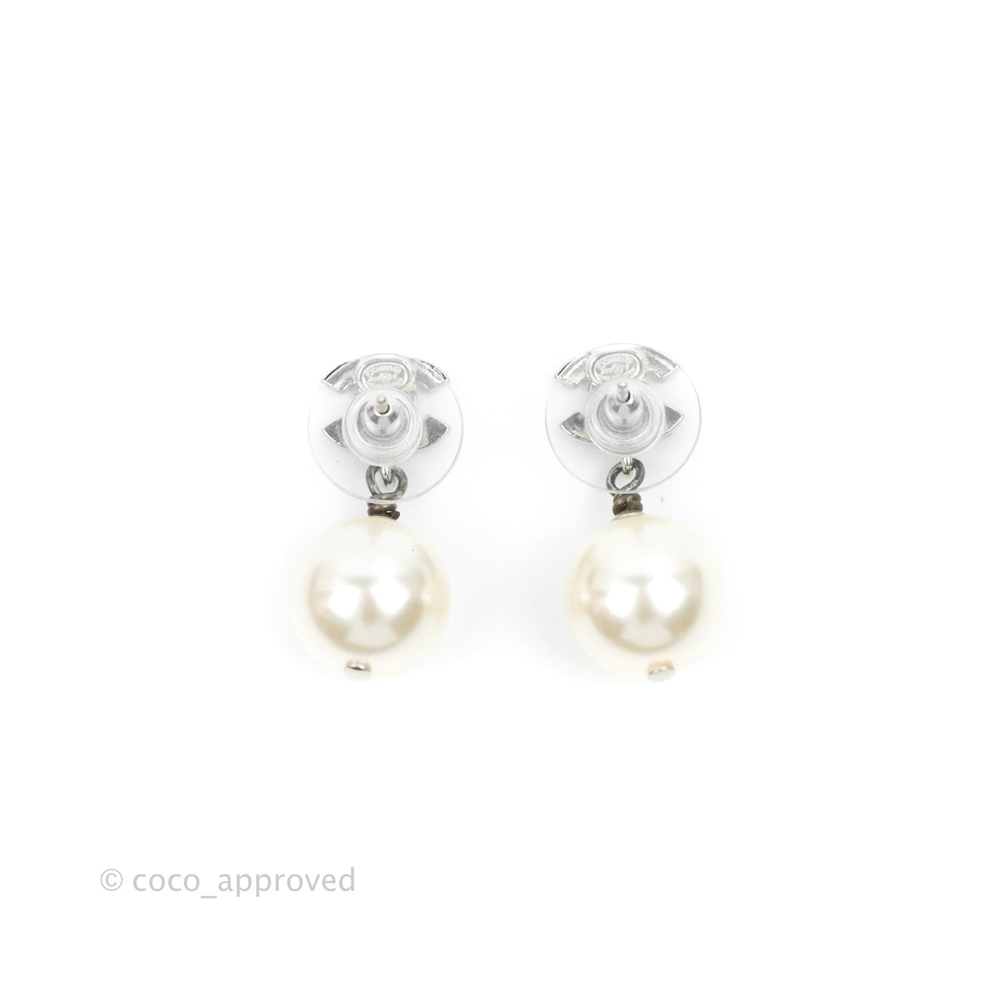 Chanel CC Crystal Pearl Drop Earrings Silver Tone 19V